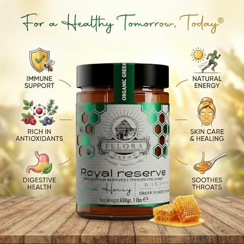 Ellora Farms Organic Honey, Wild Thyme Raw Honey, Greek Unfiltered, Preservative and Additive Free, Paris and Dubai Gold Awards Winner, Gift Pack with Dipper - 450 g
