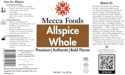 Whole Allspice Berries – Premium Grade Pimento Spice, Non-GMO, Ideal for Baking, Pickling & Jamaican Jerk Recipes – 3 oz PET Jar by Mecca Foods