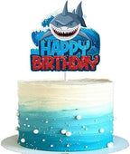Shark Cake Topper for Boys Girls Happy Birthday Baby Shower Shark Fin Ocean Theme Party Supplies Decoration Blue Glitter Under the Sea Shark Cake Decorations