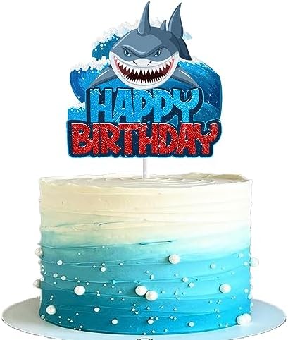 Shark Cake Topper for Boys Girls Happy Birthday Baby Shower Shark Fin Ocean Theme Party Supplies Decoration Blue Glitter Under the Sea Shark Cake Decorations