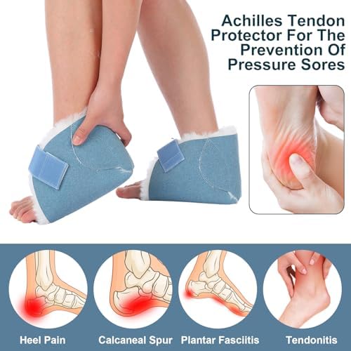 2 Pcs Heel Protectors for Pressure Sores Sheepskin Heel Pads Soft Foot Cushions Pad Protectors Adjustable Foot Pillows with Securing Strap for Bed Sore Ankle Ulcers(Light Blue)