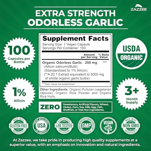 Zazzee USDA Organic Odorless Garlic 20:1 Extract, 1% Allicin, 100 Vegan Capsules, 3+ Month Supply, Allium Sativum, Immune, Circulation & Heart Health Support, All-Natural, Non-GMO, Made in the USA