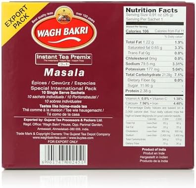 Wagh Bakri Instant Masala Tea | 3 in 1 Sugar+Milk Solids+ Tea | 10 Single Serve Sachets | 140g (4.93 Ounce)