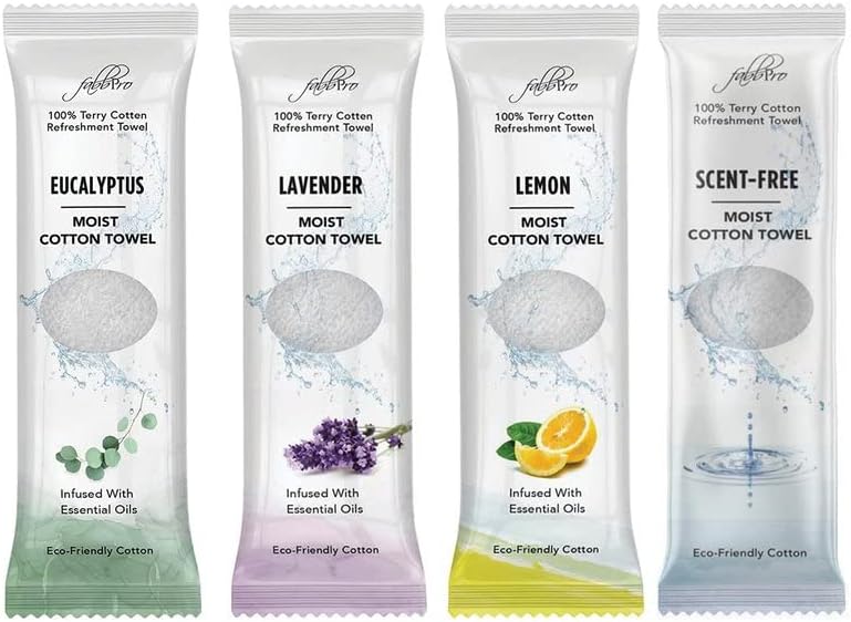 Oshibori Moist Terry Cotton Refreshment Towels (100 Pack,8x8 Inches)-White Scented Pre-moistened Essential Oil Infused Towel to Use Hot or Cold – Unscented, Lavender, Lemon & Eucalyptus Scents