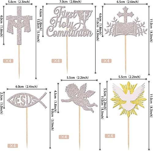 Rsstarxi 24 Pack First Holy Communion Cupcake Toppers Cross Dove Angel God Bless Cupcake Picks Christian Baptism Cake Decorations for First Communion Baby Shower Birthday Party Supplies Silver