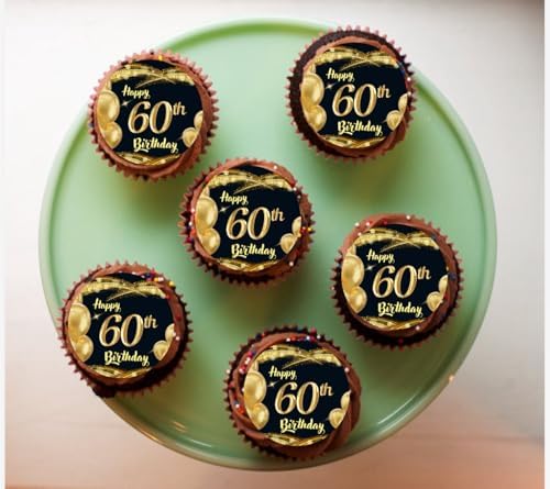 Happy 60th Birthday Edible Cake Topper, Black and Gold Glamorous Design, Icing Sheet for Cake Decoration