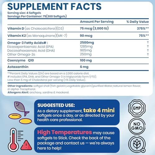 Omega 3 Fish Oil with Vitamin D3 K2 – 300 Lemon Flavored Burpless Softgels | Fish Oil Omega 3 Supplements Support Heart, Brain, Eyes & Immune Health | Gluten-Free, Non-GMO