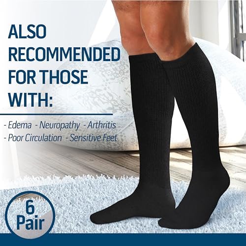 Diamond Star 6 Pairs Diabetic Knee High Socks for Men – Over the Calf Cotton Socks, Non-Binding Comfortable Fit – Men’s Shoe Size 9–12 (6 Pairs Black)