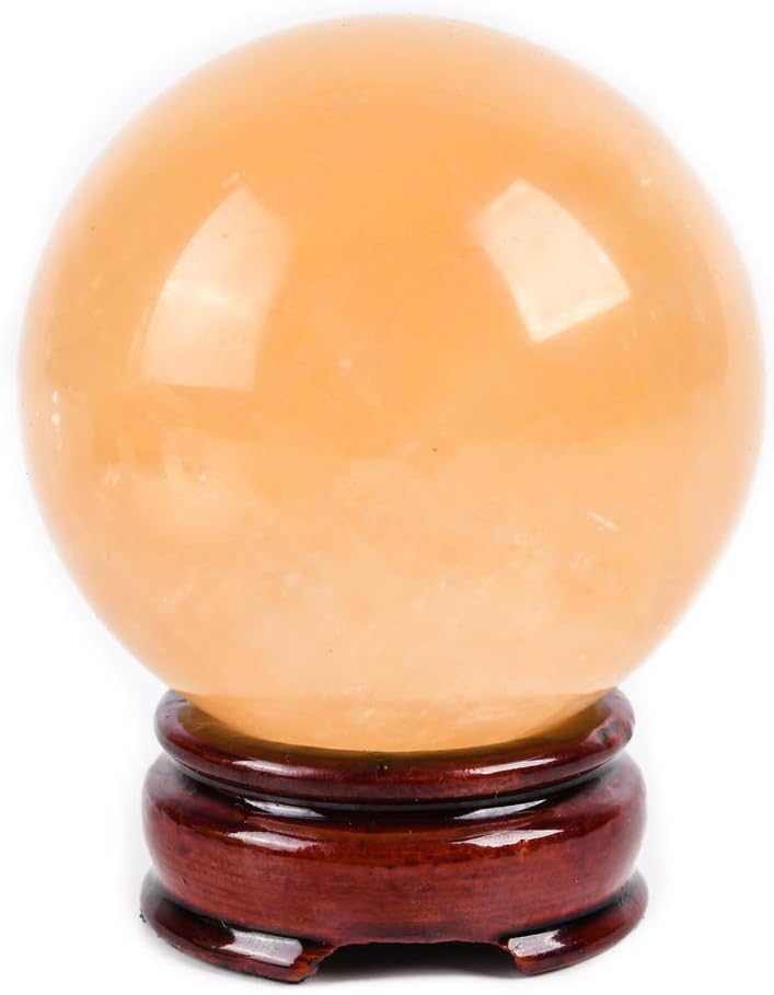 Natural Citrine Healing Crystal Gemstone Ball Divination Sphere Sculpture Figurine with Wood Stand Feng Shui Chakra Aura Home Desk Decor