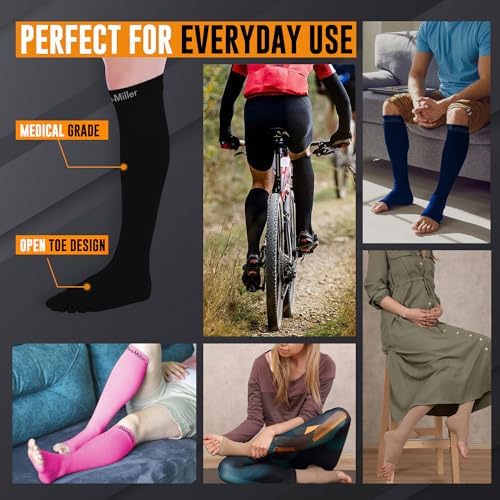 Doc Miller Open Toe Compression Socks, 20-30 mmHg, Toeless Compression Sleeves for Legs, Knee High Stockings for Shin Splints, Varicose Veins, Travel, Calf Support & Muscle Recovery, Men & Women, Pair