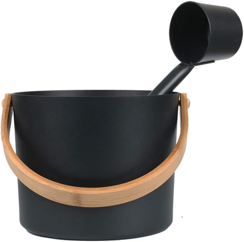 Sauna Bucket and Ladle Set, Portable 7L/1.85 Gallons Aluminum Sauna Bucket with Long Wooden Handle Spoon, SPA Shower Bath Accessories Supplies for Home Saunas, Steam Room