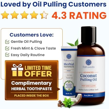 Natruveda Coconut Oil Pulling Mouthwash – 8 oz, Virgin Clove & Mint Blend, Ayurvedic Oral Rinse for Teeth Whitening, Natural Mouthwash for Gums, Gentle Pulling Oil for Daily Use