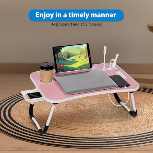 Portable Bed Desk, Foldable Laptop Desk with 4 USB Charge Port/Cup Holder/Tablet Slot/Storage Drawer, Folding Lap Table for Working, Writing, Drawing and Eating (Pink)