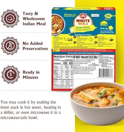 MTR - Minute Meals: Mutter Paneer - Spiced Green Peas & Cottage Cheese in Gravy - Tasty Indian Meal with No Added Preservatives - A Quick Meal Suitable for Vegetarians, Ready in Minutes! (Pack of 6)