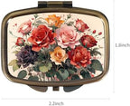 Pill Case Pill Box with Mirror Retro Pocket 2 Compartment Medicine Case Vitamin Pill Organizer for Pocket Purse and Travel (Cute Flower)