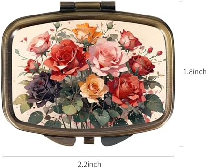 Pill Case Pill Box with Mirror Retro Pocket 2 Compartment Medicine Case Vitamin Pill Organizer for Pocket Purse and Travel (Cute Flower)