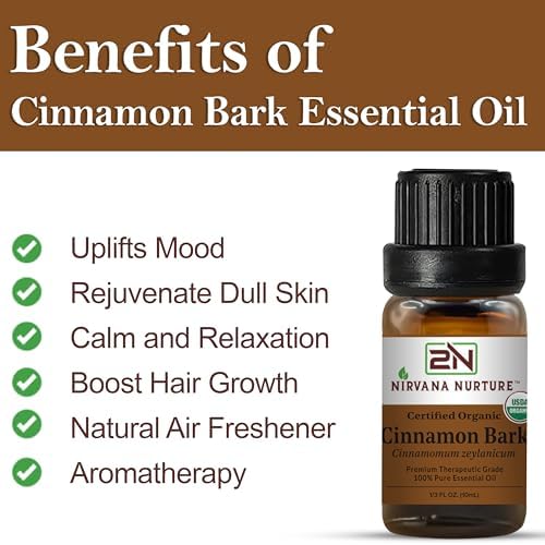 Cinnamon Bark Essential Oil, USDA Certified Organic, 100% Pure Undiluted, Aromatherapy Oil for Diffuser, Hair & Skin Care