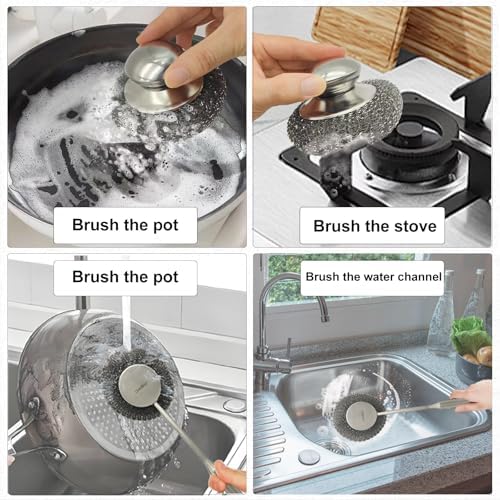 Stainless Steel Wool Scrubber Set, Long Handle & Handle Brushes,Metal Brush for Pots, Pans, Grills & Cutlery Cleaning (3 Pack)
