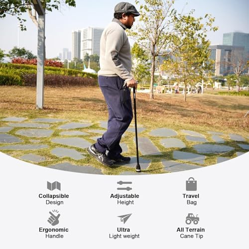 Rehaescort Walking Cane, Folding, Adjustable, Lightweight, Walking Canes for Men & Women, Soft Ergonomic Handle, Heavy Duty All Terrain Tip, Walking Sticks for Seniors & Adults with Travel Bag
