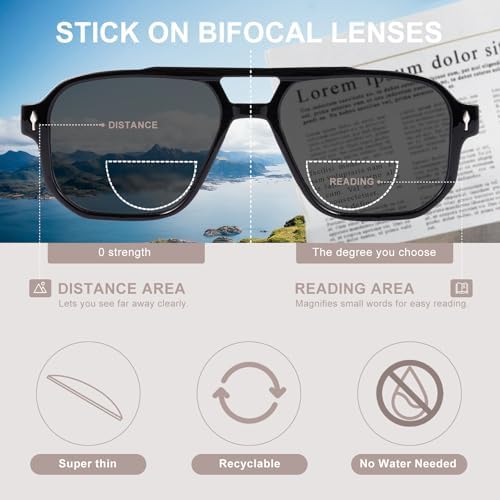 Stick-on Bifocal Readers for Sunglasses, No Water or Adhesive Needed, Reusable Reading Lenses for Glasses Goggles