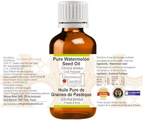 Greenwood Essential Watermelon Seed Oil (Citrullus lanatus) | Cold Pressed | Natural | Undiluted | For Diluting Essential Oils | For Skin & Massage | Men & Women | 30ml (1 oz)