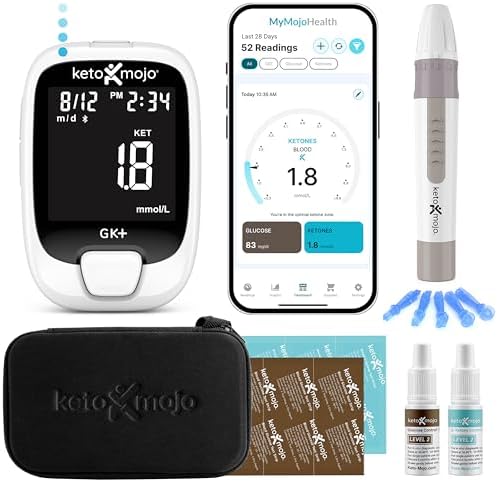 KETO-MOJO GK+ Bluetooth Glucose & Ketone Testing Kit + Free APP for Ketosis & Diabetes Support. 20 Blood Test Strips (10 Each), Meter, 20 Lancets, Lancing Device, and Control Solutions