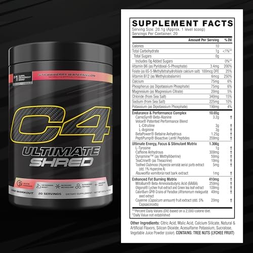 Cellucor C4 Ultimate Shred Pre Workout Powder, Fat Burner for Men & Women, Weight Loss Supplement with Ginger Root Extract, Strawberry Watermelon, 20 Servings, 12.3 Ounce (Pack of 1)