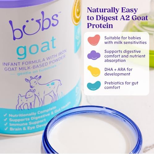 Bubs Whole Goat Milk Formula with Iron, Goat Milk-Based Powder, for Infants 0-12 Months, Made with Non-GMO Goat Milk, 20 oz