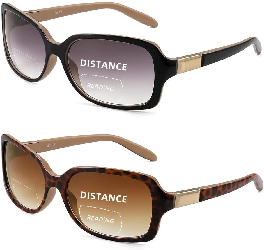JM 2 Pack Classic Bifocal Reading Glasses Square Stylish Gradient Sunglasses Readers for Women +1.5