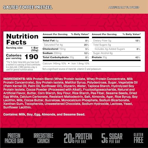 BSN Protein Crisp Bar, Salted Toffee Pretzel, 20 Gram Protein Snack Bars with Whey and Fiber, Gluten-Free Crunchy Energy Bars for Workout, Fitness, On-the-Go, 12 Count