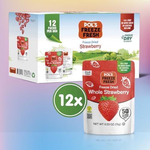 Pol's Fresh Freeze Dried Strawberries Whole, Single Ingredient, No Sugar Added, 12 Pack (0.53 oz Each) - Crispy Crunchy Healthy Fruit Snacks for Cereal, Yogurt & Smoothies, Gluten Free, Vegan, Kosher