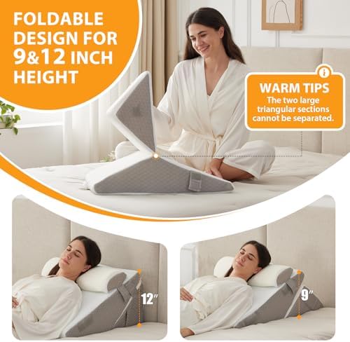 Ruqmuis 3PCS Wedge Pillow Set for After Surgery, Adjustable 9&12 Inch Bed Wedge Pillow for Sleeping, Incline Pillow Wedge for Headboard, Post Surgery, Acid Reflux, Neck&Back Support, White/Grey