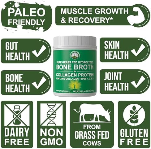 Peak Performance Hydrolyzed Bone Broth + Collagen Unflavored Protein Peptides Powder - Contains All Collagen Types: 1, 2, and 3 - Pure Pasture Raised Grass Fed, Paleo Friendly, Gluten + Dairy Free