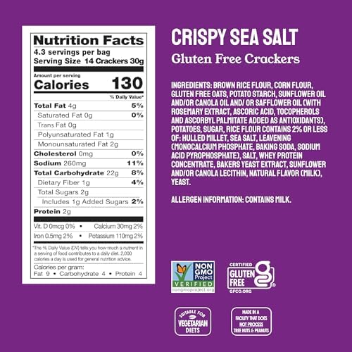 Milton’s Gluten Free Crackers, Crispy Sea Salt - Non-GMO Project Verified, Kosher, Certified Gluten Free Snack, 5 Grains In Every Bite - 20 Oz, Pack of 2
