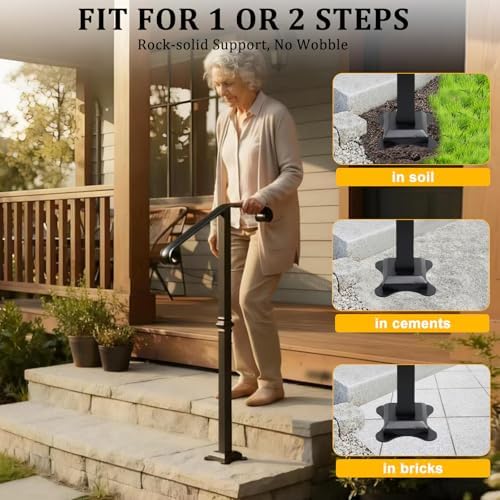 Handrail Railing, Single Post Handrail, Stair Railing for Concrete,Sturdy Handrails with Base, Mountable Iron Stair Handrail for 1 or 2 Steps, Grab Rail for Steps Porch, Railings for Outdoor Step