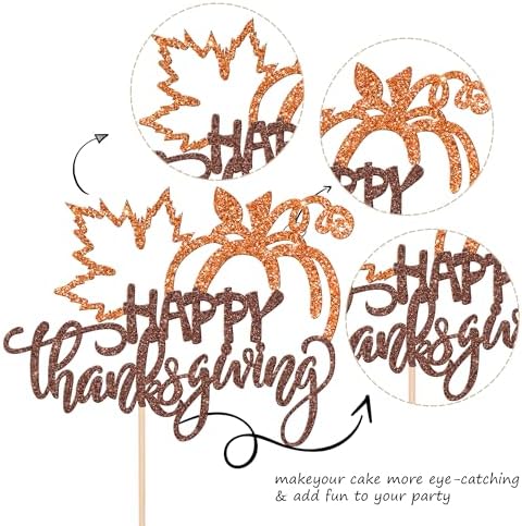 1 PCS Happy Thanksgiving Cake Topper Glitter Maple Leaf Pumpkin Happy Friendsgiving Cake Pick Fall Harvest Give Thanks Cake Decoration for Happy Thanksgiving Day Theme Party Supplies Orange
