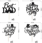 24 PCS Happy Father's Day Cupcake Toppers，Dad Birthday Themed Decoration，Father's Day Black Glitter Birthday Cake Decoration Dad Party Supplies