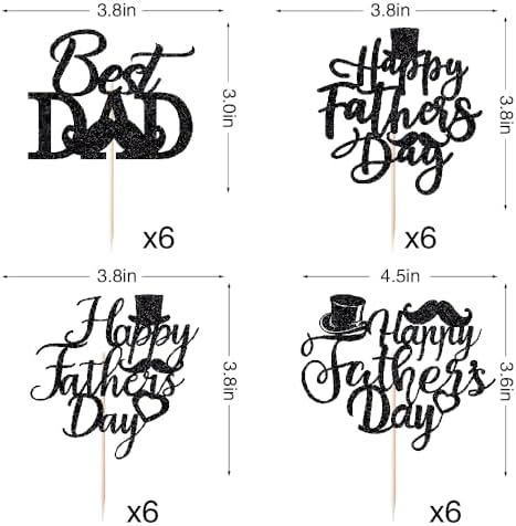 24 PCS Happy Father's Day Cupcake Toppers，Dad Birthday Themed Decoration，Father's Day Black Glitter Birthday Cake Decoration Dad Party Supplies