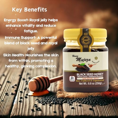 Black Seed Honey with Royal Jelly - Not Mixed with Oil or Powder - Gluten Free - Non GMO - Organic Honey - Immune Booster - 100% Natural Raw Honey (250g /8.8oz)