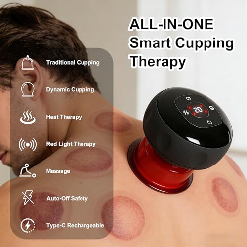 Smart Cupping Kit Therapy Massager, 7-in-1 Electric Cupping Device Set with Red Light Therapy, Heat & 12-Level Adjustable Suction, for Targeted Pain Relief, Muscle Soreness, Tighter Skin （2 Pack）