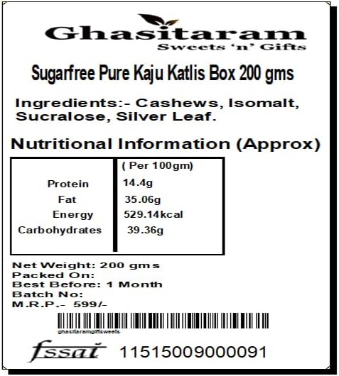 Ghasitaram Gifts Indian Sweets - Sugarfree Sweets Pure Kaju Katlis Box 200 gms