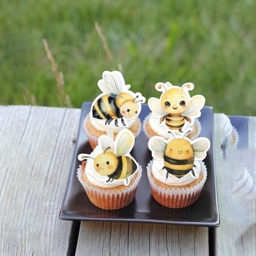 60 PCS Edible Bumble Bee Cupcake Toppers Edible Honey Bee Cupcake Picks Waper Paper Oh Babee Cupcake Decorations for Bee Theme Baby Shower Boys Girls Birthday Party Cake Food Decorations Supplies