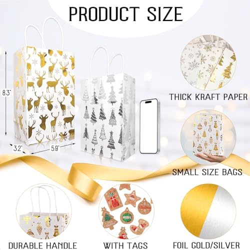 SPVLOAI 16 Pack Christmas Gift Bags Bulk, Small Size 8.3"x5.9"x3.2" Gold Foil Kraft Paper Bags with Handles for Xmas Birthday Shopping Wedding Party Favor Supplies (White)