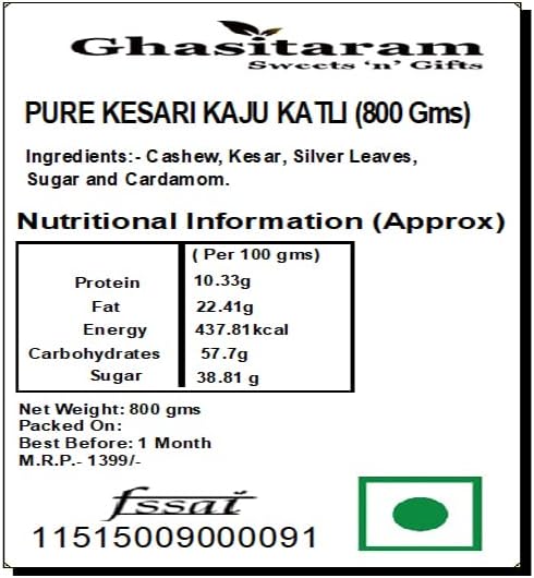 Ghasitaram Gifts Pure KESARI KAJU KATLI (800 GMS)