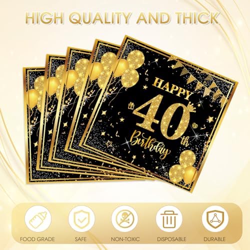 40 Pack 40th Birthday Napkins Black and Gold Glitter - 2-Ply Disposable 6.5x6.5 Inches 40th Party Supplies & Tableware