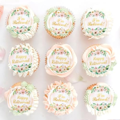 40Pcs Edible Floral Happy Retirement Cupcake Toppers Circle I'm Retired Cupcake Picks for Female Retirement Farewell Party Official Retired Women's 67th 70th Birthday Cupcake Cake Decorations