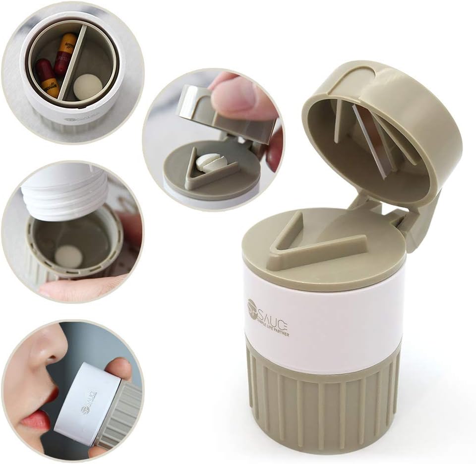 Pill Cutter Medicine Crusher Grinder Grinder Splitter, Multifunction 4 in 1 Portable Round Tablet Pill Pulverizer, Pill Splitter Cutter Powder Organizer Daily or Travel Pill Case Pill Organizer