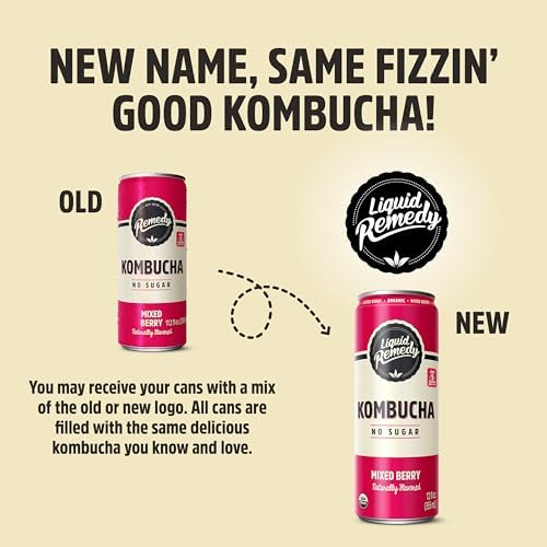 Liquid Remedy Kombucha Sugar Free Organic Drink, Low Calorie, Probiotic Like Tea for Gut Health - Mixed Berry - 12 Fl Oz Can, 4-Pack
