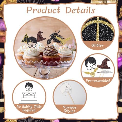 24 Pcs Black Magical Wizard Cupcake Toppers Gold Wizard Hat Flying Broomstick Cupcake Picks Magical School Theme Party Birthday Cake Decorations