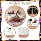 24 Pcs Black Magical Wizard Cupcake Toppers Gold Wizard Hat Flying Broomstick Cupcake Picks Magical School Theme Party Birthday Cake Decorations
